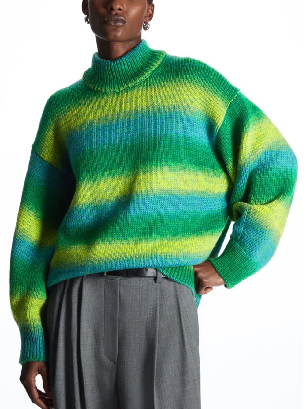 COS Green Striped Turtleneck Sweater